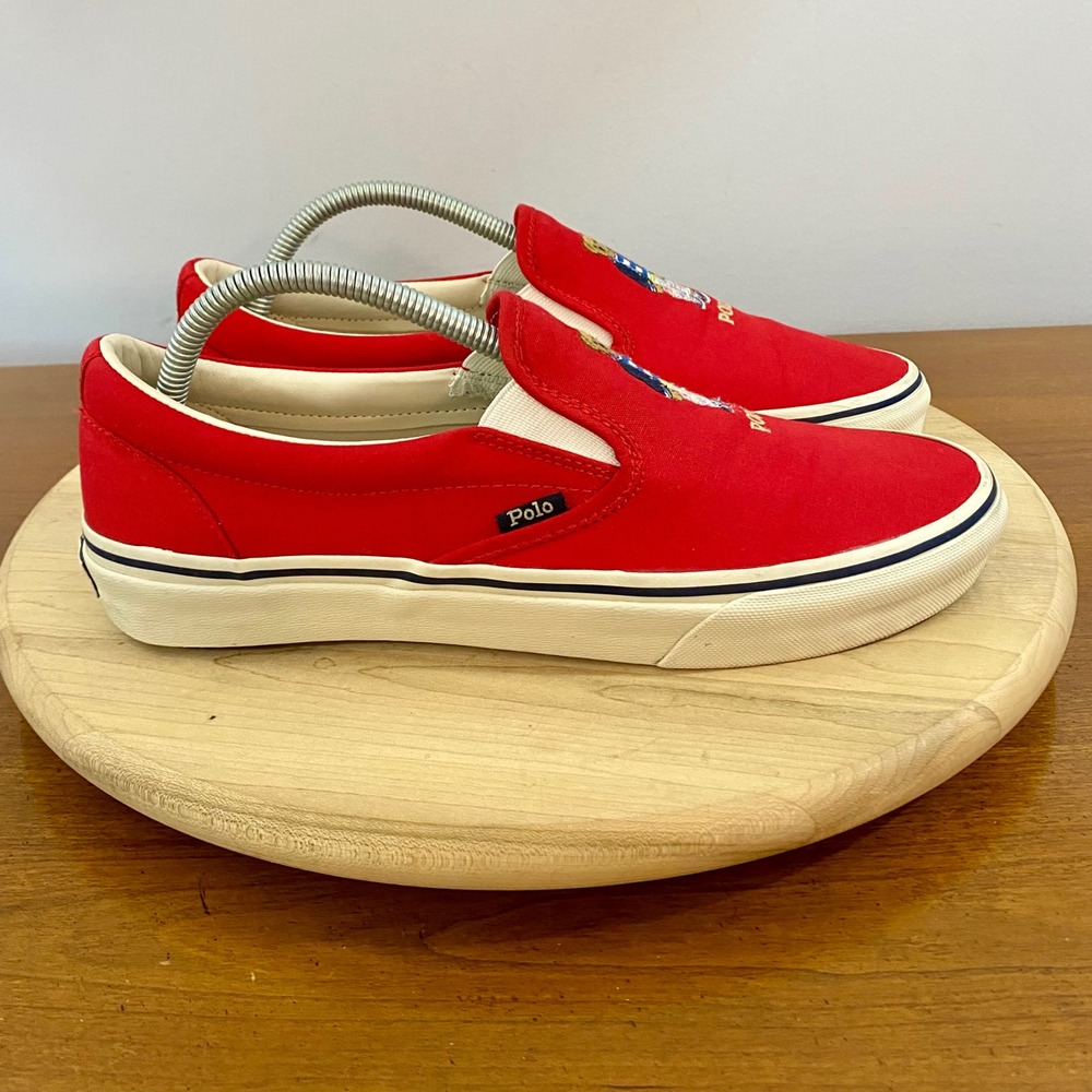 Polo Ralph Lauren Keaton Polo Bear Slip On Canvas Sneakers Shoes Red Mens Sz 9 - Picture 2 of 15